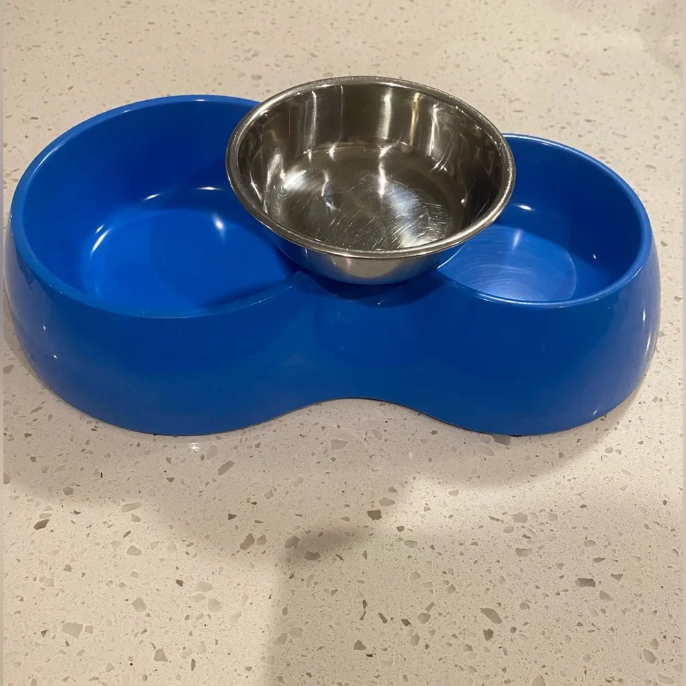 Stainless Steel Double Bowl Dog Cat Food Water Dish Feeding Station Blue